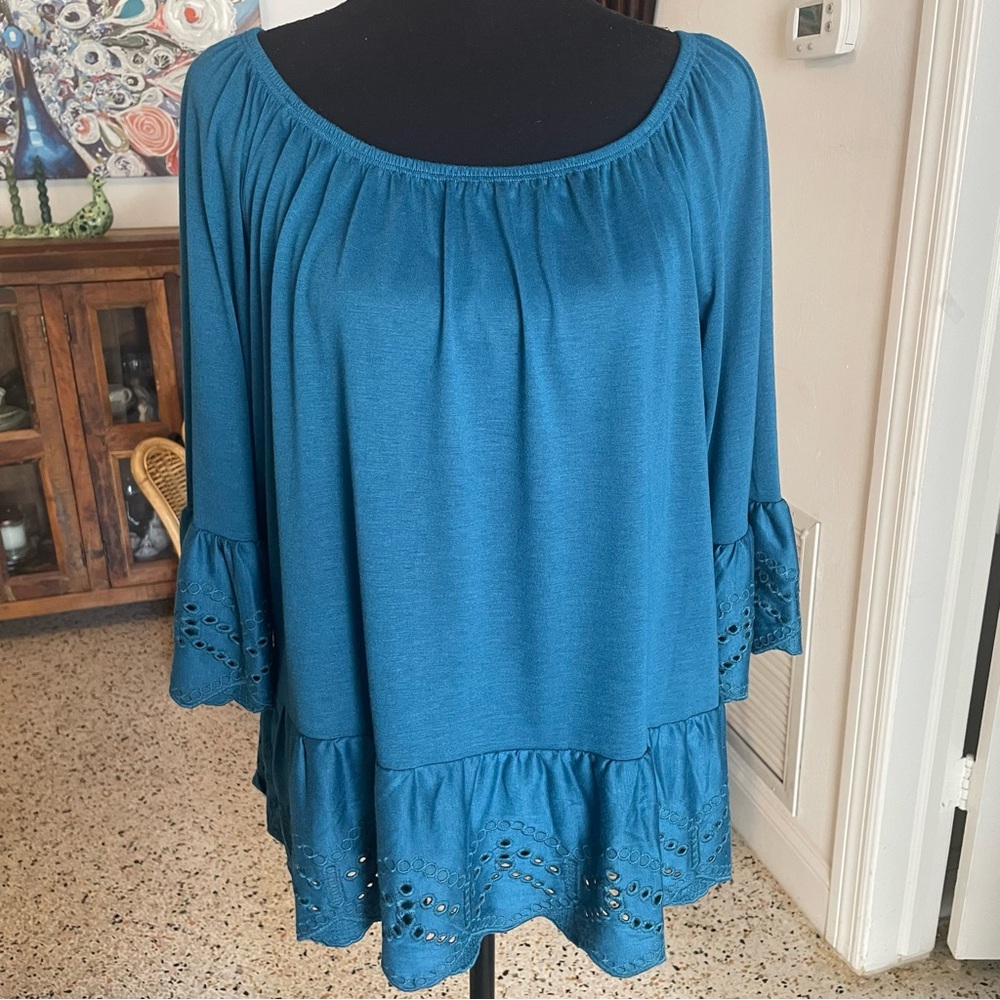 Anthropologie FEVER Teal Blue Knit Top! Embroidered Ruffle Sleeve & hem. M